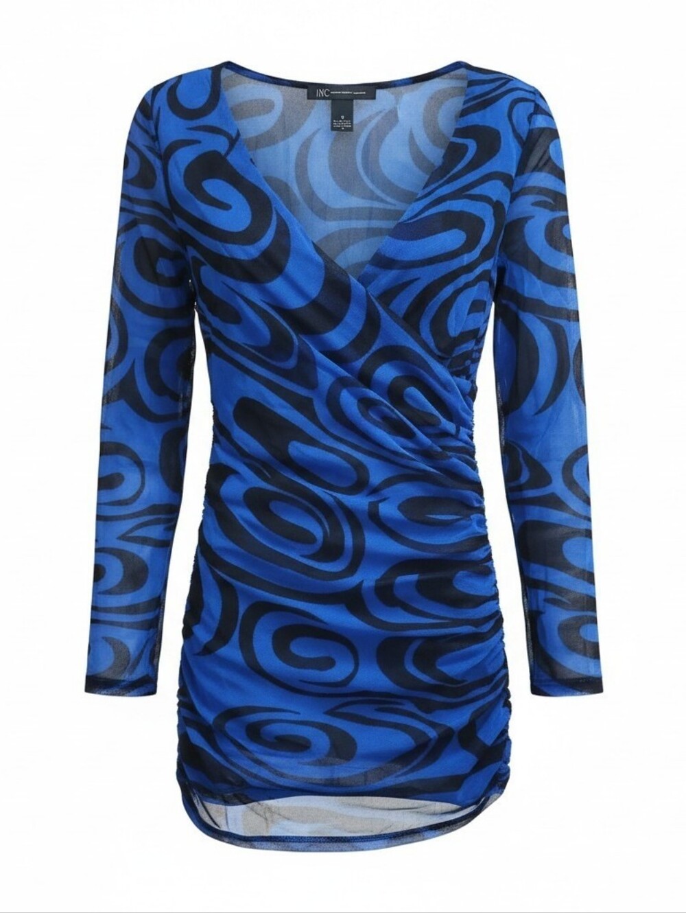 INC International Concepts Blue & Black Swirl Ruched Wrap Top Women's Size Small